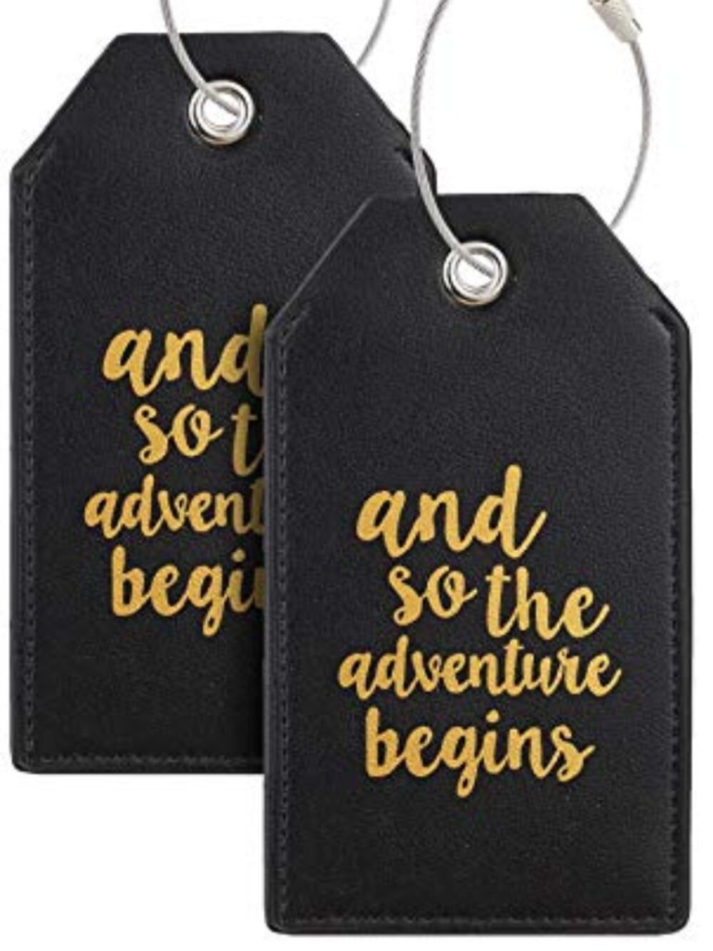 NEW BLACK Gold PU Leather AND SO THE ADVENTURE BEGINS Privacy Luggage Tags x 2